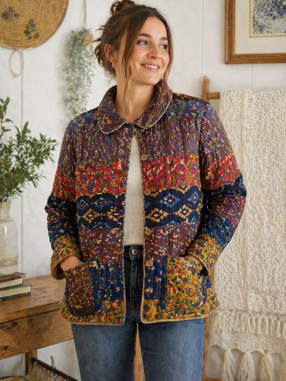 Young Threads Patchwork Quilted Jacket Boho Cottagecore Multicolor Button Front